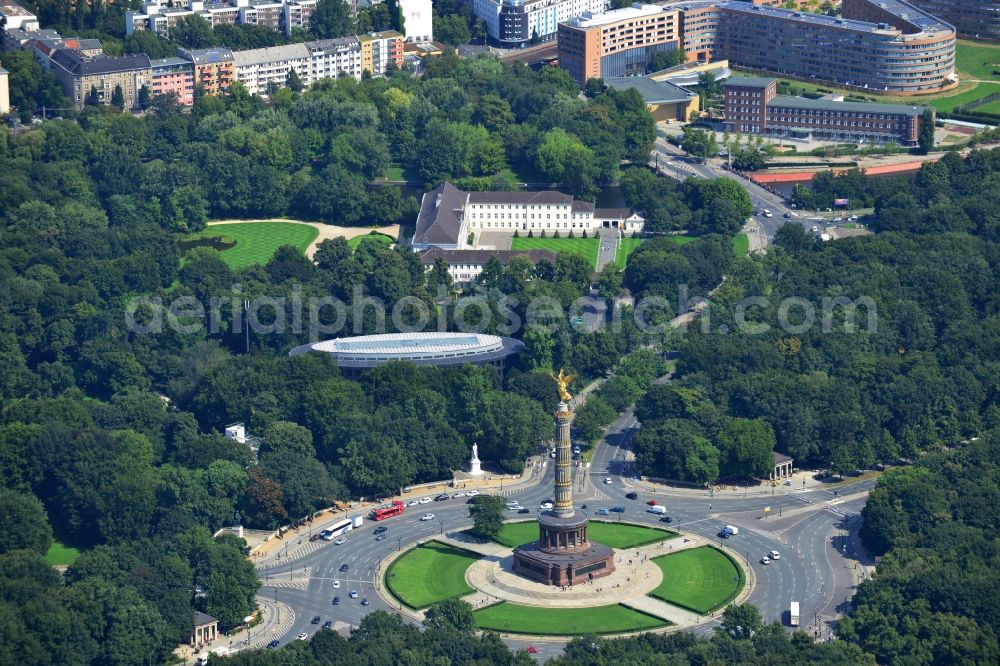 Aerial photograph Berlin - The Siegessaeule at Grosser Stern in the middle of the Tiergarten in Berlin, was built from 1864 to 1873 as a national monument to the unification wars, designed by Heinrich Strack. Also on display is the Bundespraesidialamt and the street of the 17th June