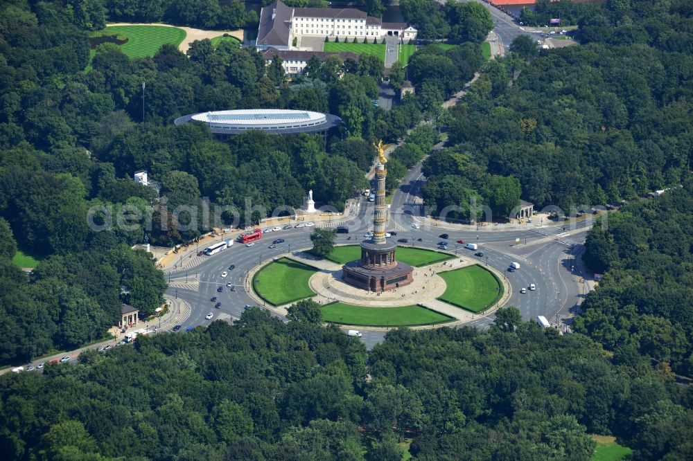 Aerial photograph Berlin - The Siegessaeule at Grosser Stern in the middle of the Tiergarten in Berlin, was built from 1864 to 1873 as a national monument to the unification wars, designed by Heinrich Strack. Also on display is the Bundespraesidialamt and the street of the 17th June