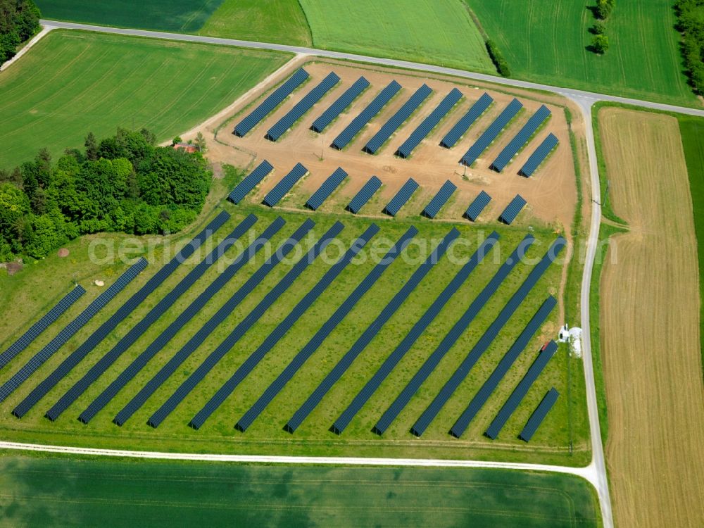 Aerial image Forchheim - The solar energy plant in Forchheim in the Oberfranken region in the state of Bavaria. The photovoltaic plants are within and outside the city limits and are essential parts of the landscape