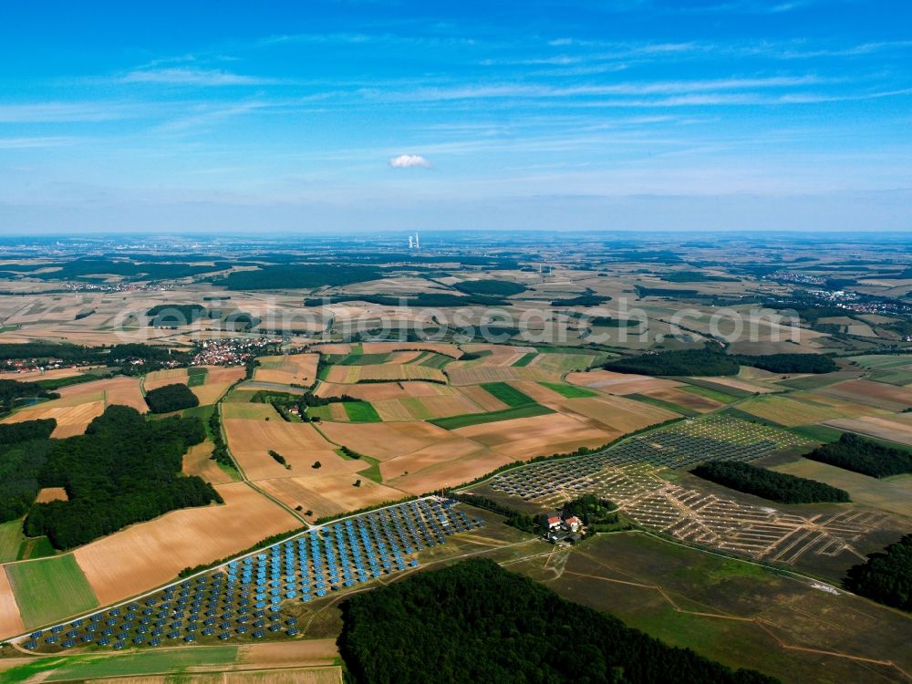 Aerial photograph Arnstein - The solar energy plant in Arnstein in the Unterfranken region in the district of Main - Spessart in the state of Bavaria. The large photovoltaic facility is a joint project of the companies Solon SE, the project and distribution company S.A.G. Solarstrom AG and the energy company E.ON Bayern AG