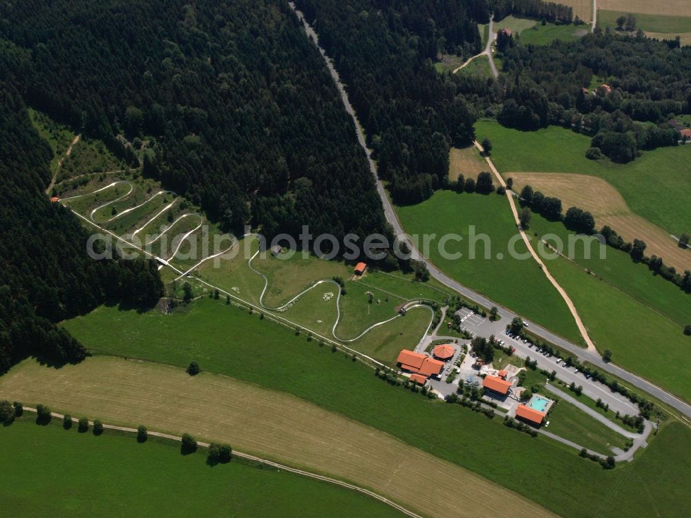 Sankt Englmar from above - The summer bobsled coaster EGIDI-Hill in the Grün part of the borough of Sankt Englmar in the state of Bavaria. The borough is a renowned climatic spa. The leisure park contains the longest coaster of its kind in the Bavarian Forest
