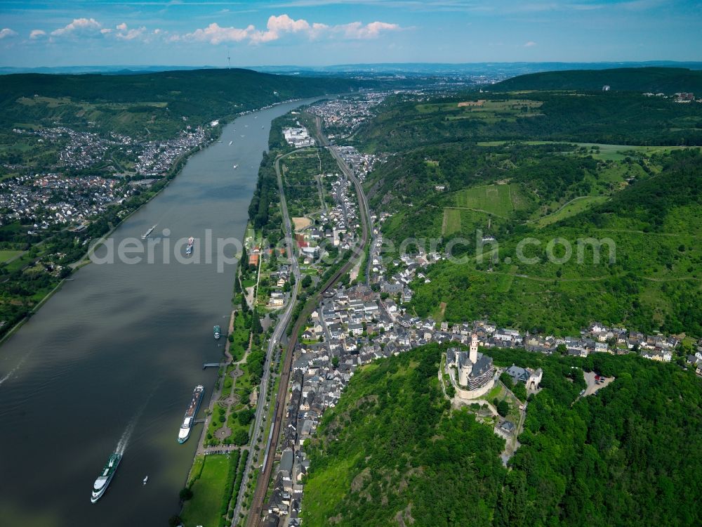 Braubach from above - The town of Braubach on the river Rhine in the state of Rhineland-Palatinate. Braubach is part of the district of Loreley and is located in the UNESCO World Heritage Site of Upper Middle Rhine Valley. In the foreground, the south of the town, lies the Marksburg, the only high fortress in the region that has not been destroyed. The association of German Fortresses has its seat there