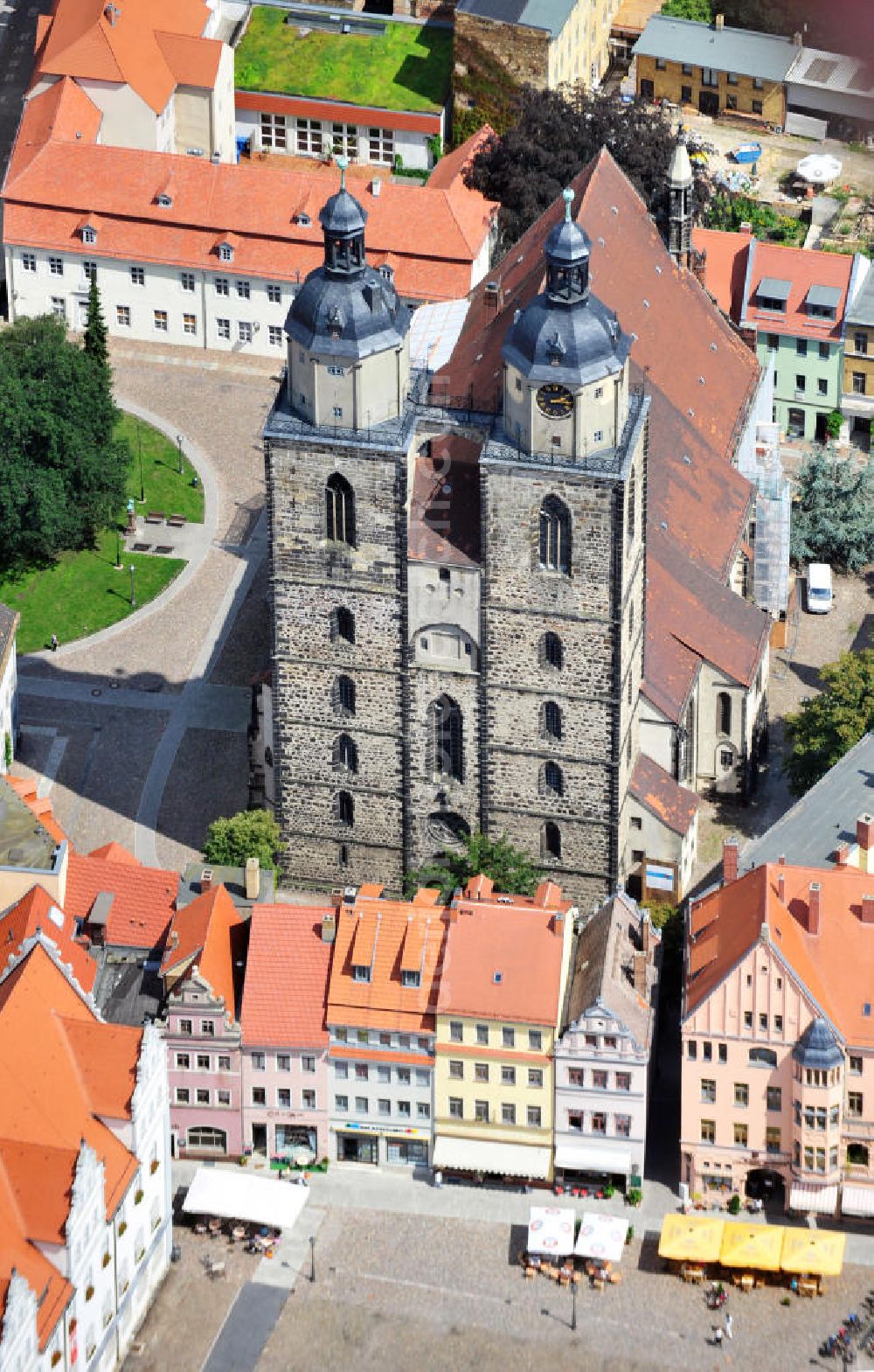 Aerial photograph Wittenberg - View of the city and parish church of St. Mary's on the market square of Wittenberg. As a church of the priests Martin Luther and Johannes Bugenhagen during Reformation, it has the status as a World Heritage Site by UNESCO since 1996