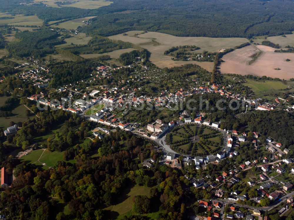 Putbus from above - Putbus is a town of the district of Pomerania-Rügen in Mecklenburg-Western Pomerania. Putbus is the youngest city of Rügen and the oldest seaside resort on the island. It was founded in 1810 by William I, Prince Malte of Putbus. From the white-painted houses is derived the name White City. Since 1997, the city is officially a health resort