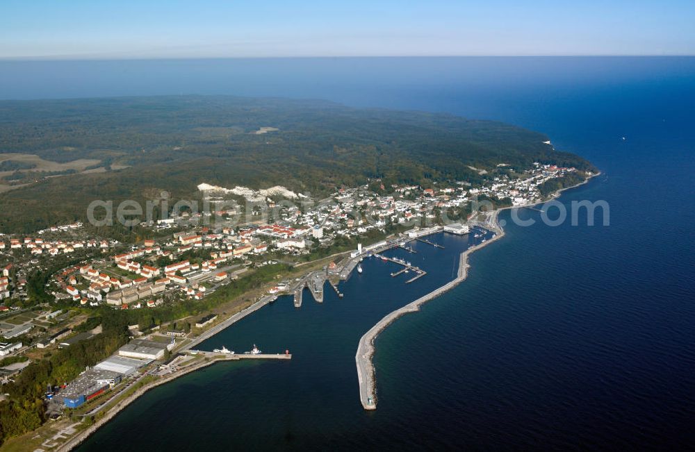 Sassnitz from above - The town of Sassnitz is a nationally recognized resort. It is located on the peninsula Jasmund in the northeast of the island of Rügen and belongs to the district-West Pomerania Rügen in Mecklenburg-Western Pomerania. In the year 1906, the hamlets Crampas and Sassnitz were merged to the municipality of Sassnitz