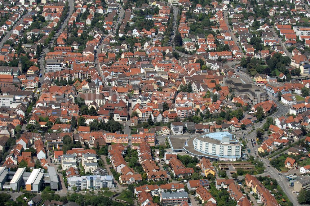 Aerial photograph Wiesloch - Stadtansicht von Wiesloch in Baden-Württemberg. Die Stadt hat ca. 25.960 Einwohner. Kontakt: Stadtverwaltung Wiesloch, Marktstraße 13, 69168 Wiesloch, Tel. 06222 / 84-1