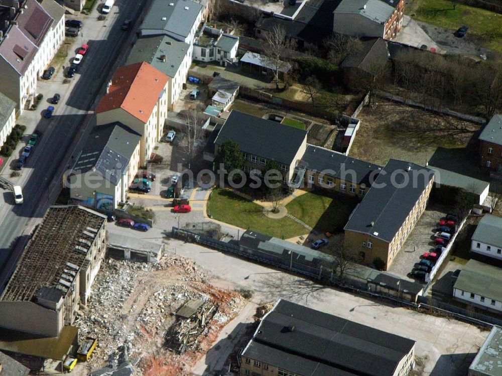 Bernau from above - 06.04.2006 Bernau; Die Stadtbibliothek Bernau steht als Medien- und Informationszentrum allen Bürgerinnen und Bürgern offen. Sie finden uns in den Räumen eines restaurierten Fabrikgebäudes auf dem Kulturhof an der Breitscheidstraße 43 b. 16321 Bernau bei Berlin, Telefon: (0 33 38) 76 35 20, Fax: (0 33 38 ) 76 35 21, E-Mail: stadtbibliothek@bernau-bei-berlin.de