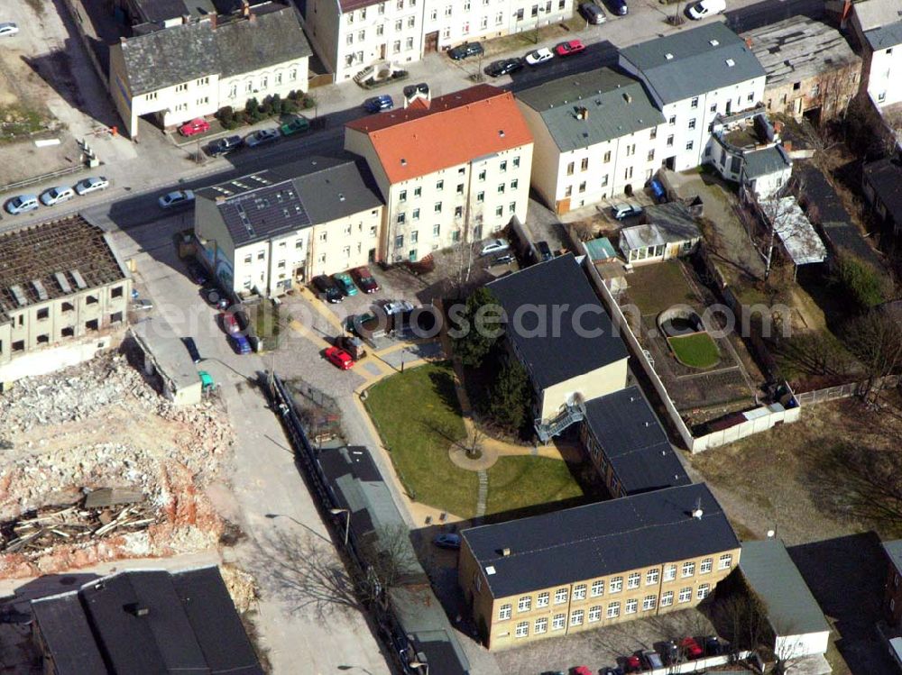 Aerial image Bernau - 06.04.2006 Bernau; Die Stadtbibliothek Bernau steht als Medien- und Informationszentrum allen Bürgerinnen und Bürgern offen. Sie finden uns in den Räumen eines restaurierten Fabrikgebäudes auf dem Kulturhof an der Breitscheidstraße 43 b. 16321 Bernau bei Berlin, Telefon: (0 33 38) 76 35 20, Fax: (0 33 38 ) 76 35 21, E-Mail: stadtbibliothek@bernau-bei-berlin.de