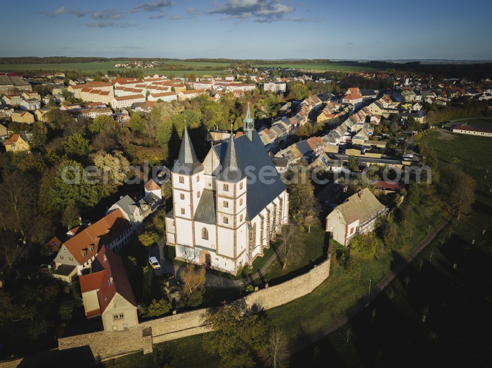 Aerial image Geithain - The Protestant city church St. Nikolai, in Geithain in the state of Saxony, Germany