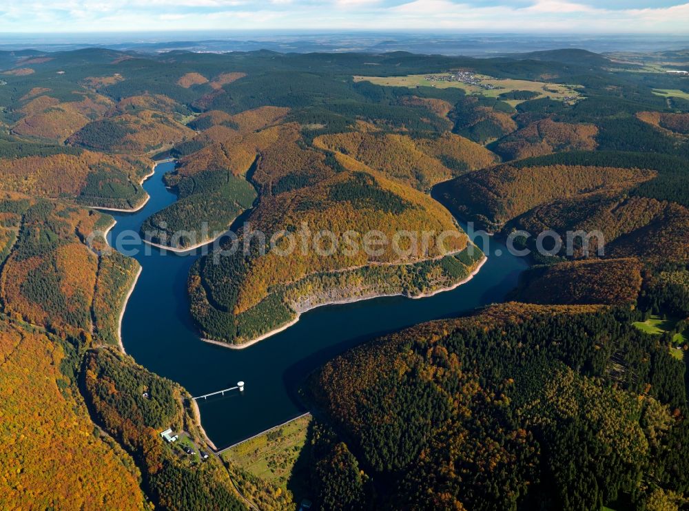 Aerial image Schönbrunn - The dam Schönbrunn in the county of Schleusegrund in the state of Thuringia. The dam is located in the Southern Thuringian Forest. It blocks the river Schleuse. The facilities have been in use since the 1970s for drinking water preparation and flooding protection