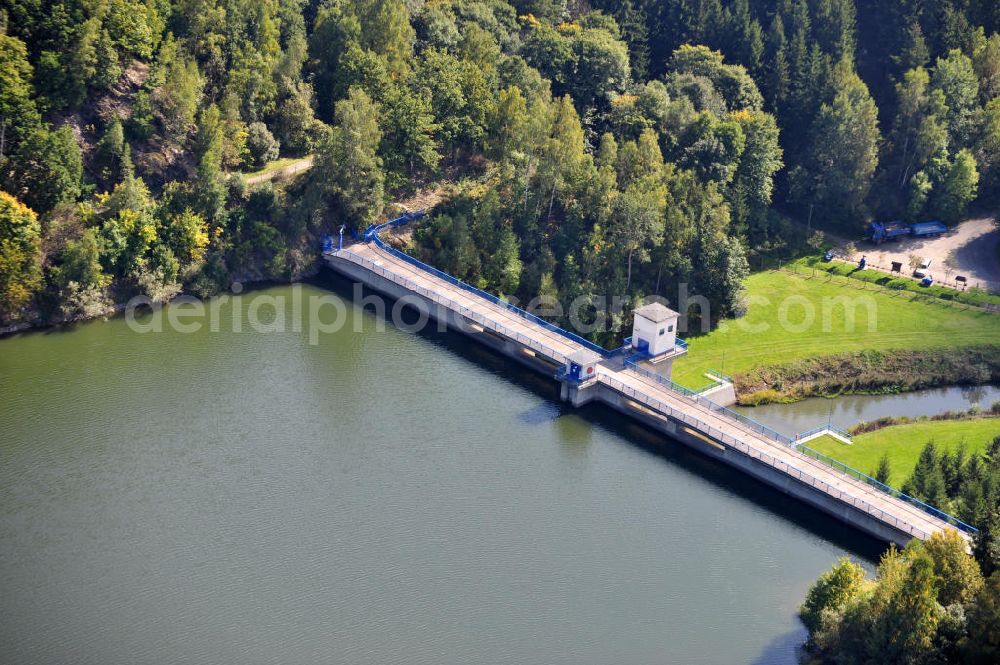 Wippra from the bird's eye view: View of the Wippra dam with its reservoir in Saxony-Anhalt. The dam is located near the Wipper river in the resin. It was built in 1951 to supply the copper mines of the region with water. Today, the dam primarly as flood control and for power generation