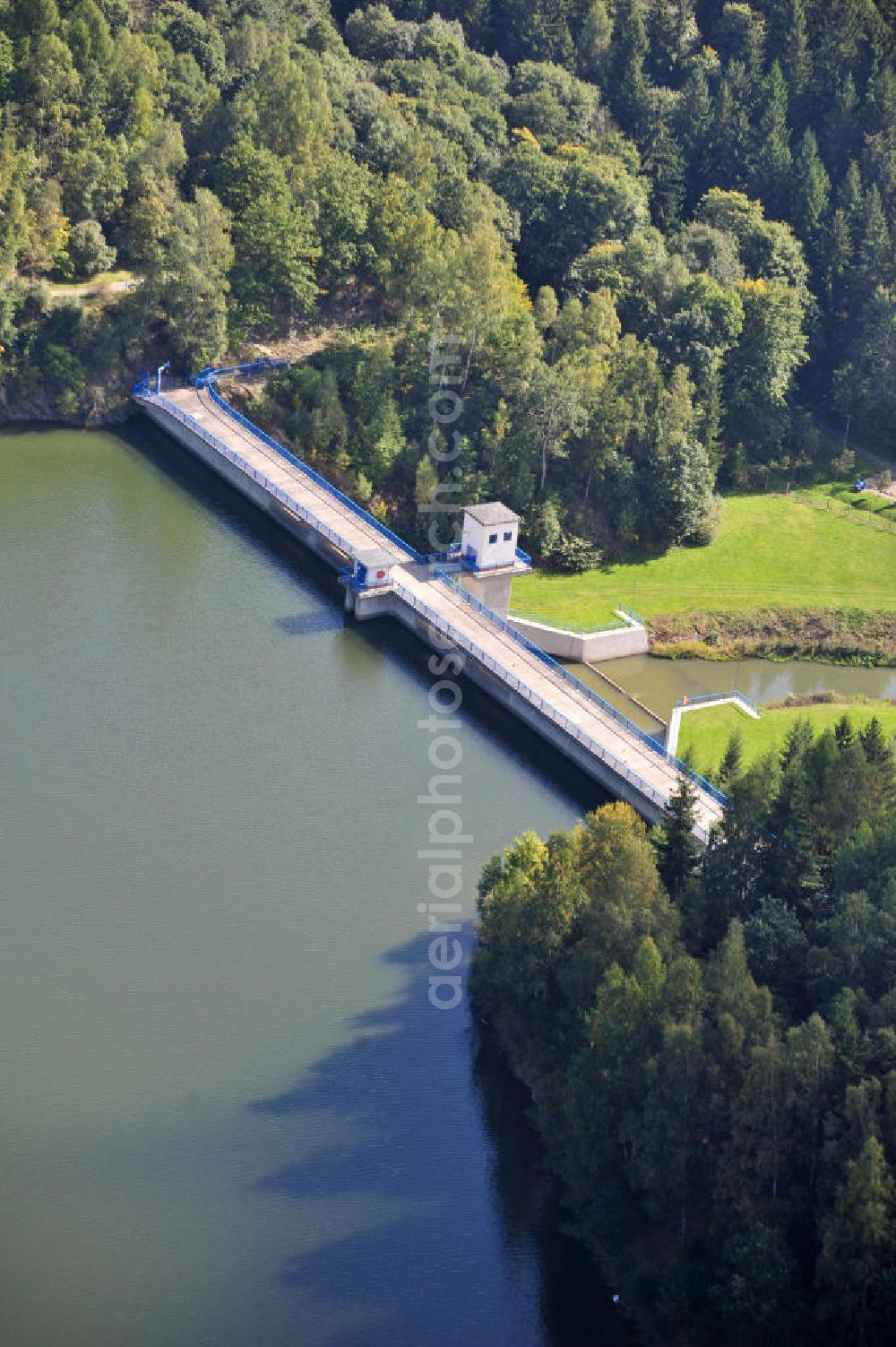 Aerial image Wippra - View of the Wippra dam with its reservoir in Saxony-Anhalt. The dam is located near the Wipper river in the resin. It was built in 1951 to supply the copper mines of the region with water. Today, the dam primarly as flood control and for power generation