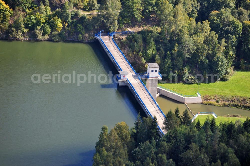 Aerial photograph Wippra - View of the Wippra dam with its reservoir in Saxony-Anhalt. The dam is located near the Wipper river in the resin. It was built in 1951 to supply the copper mines of the region with water. Today, the dam primarly as flood control and for power generation