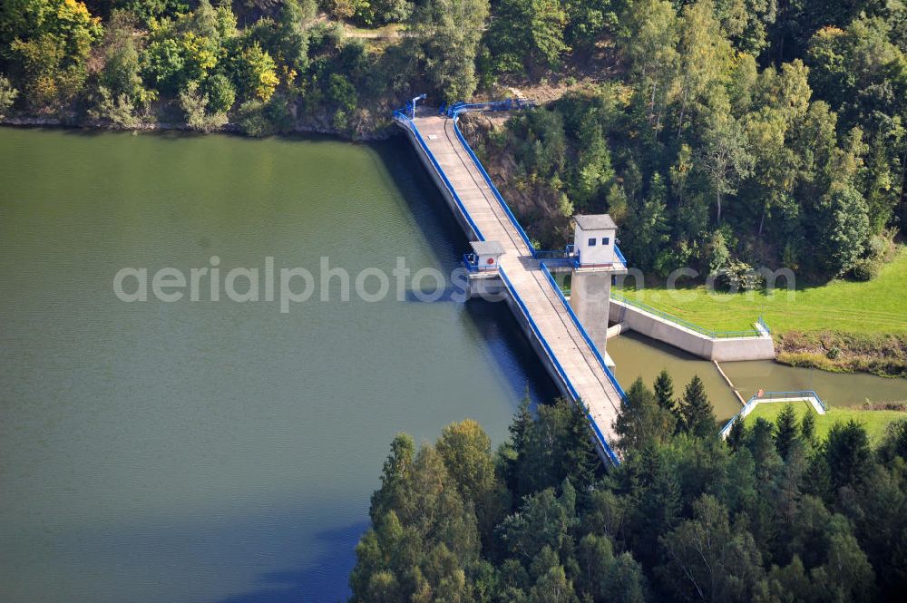 Wippra from above - View of the Wippra dam with its reservoir in Saxony-Anhalt. The dam is located near the Wipper river in the resin. It was built in 1951 to supply the copper mines of the region with water. Today, the dam primarly as flood control and for power generation