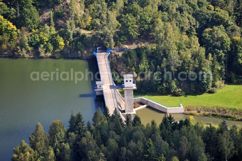 Wippra from the bird's eye view: View of the Wippra dam with its reservoir in Saxony-Anhalt. The dam is located near the Wipper river in the resin. It was built in 1951 to supply the copper mines of the region with water. Today, the dam primarly as flood control and for power generation