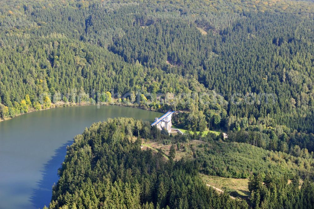 Aerial image Wippra - View of the Wippra dam with its reservoir in Saxony-Anhalt. The dam is located near the Wipper river in the resin. It was built in 1951 to supply the copper mines of the region with water. Today, the dam primarly as flood control and for power generation