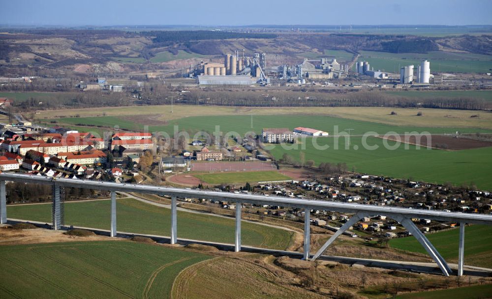 Aerial image Karsdorf - Construction of the Unstruttalbrücke bei Karsdorf. The concrete viaduct is an integral prestressed concrete box girder bridge with 6 continuous beams with 4 arcs and will reach 2.7 km in length. The new ICE - line of the project VDE 8 should go into operation in 2015. The building companies are Alpine Bau AG and Berger Bau GmbH. The designs come from DB ProjektBau GmbH, Structural Engineering, and Schlaich, Berger & Partner. In 2013, the work to be completed