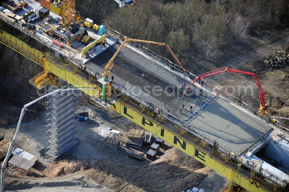 Aerial photograph Karsdorf - Construction of the Unstruttalbrücke bei Karsdorf. The concrete viaduct is an integral prestressed concrete box girder bridge with 6 continuous beams with 4 arcs and will reach 2.7 km in length. The new ICE - line of the project VDE 8 should go into operation in 2015. The building companies are Alpine Bau AG and Berger Bau GmbH. The designs come from DB ProjektBau GmbH, Structural Engineering, and Schlaich, Berger & Partner. In 2013, the work to be completed