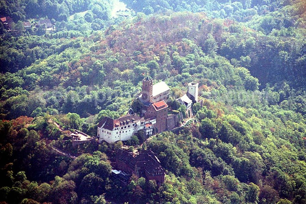 Eisenach/ Thüringen from the bird's eye view: Die Wartburg-Stiftung Eisenach Wartburg-Stiftung Eisenach, Auf der Wartburg-Stiftung Eisenach 99817 Eisenach Telefon: 0 36 91/25 00 Fax: 0 36 91/20 33 42 Email: info@wartburg-eisenach.de