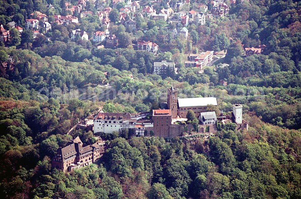 Aerial image Eisenach/ Thüringen - Die Wartburg-Stiftung Eisenach Wartburg-Stiftung Eisenach, Auf der Wartburg-Stiftung Eisenach 99817 Eisenach Telefon: 0 36 91/25 00 Fax: 0 36 91/20 33 42 Email: info@wartburg-eisenach.de