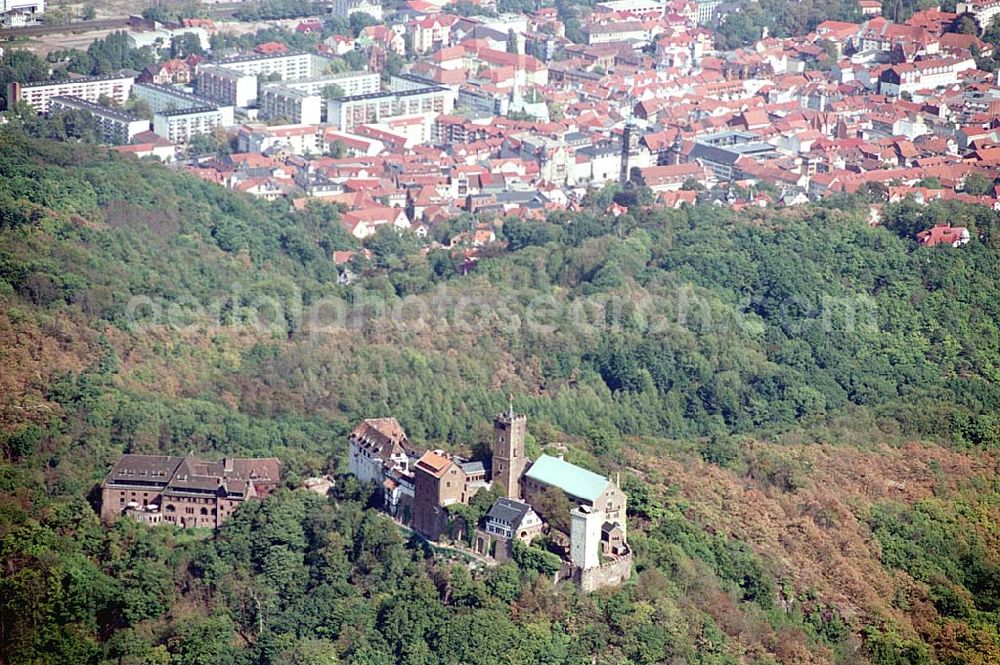 Eisenach/ Thüringen from the bird's eye view: Die Wartburg-Stiftung Eisenach Wartburg-Stiftung Eisenach, Auf der Wartburg-Stiftung Eisenach 99817 Eisenach Telefon: 0 36 91/25 00 Fax: 0 36 91/20 33 42 Email: info@wartburg-eisenach.de