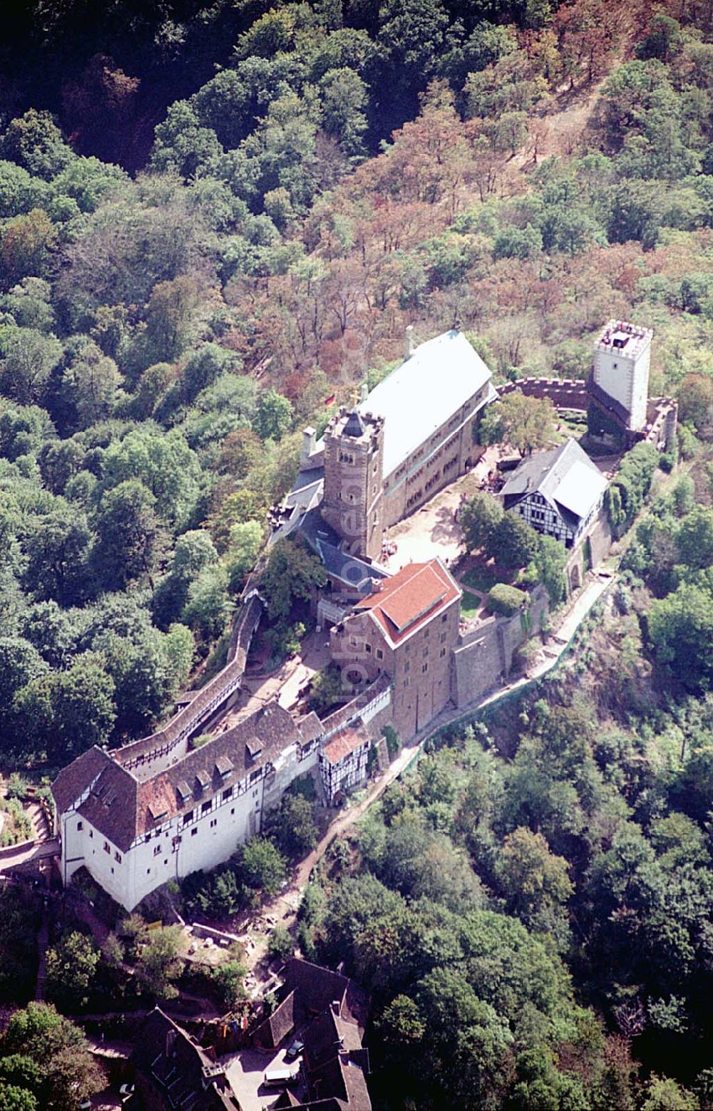 Eisenach/ Thüringen from the bird's eye view: Die Wartburg-Stiftung Eisenach Wartburg-Stiftung Eisenach, Auf der Wartburg-Stiftung Eisenach 99817 Eisenach Telefon: 0 36 91/25 00 Fax: 0 36 91/20 33 42 Email: info@wartburg-eisenach.de