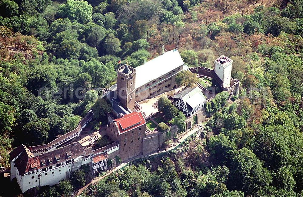 Aerial photograph Eisenach/ Thüringen - Die Wartburg-Stiftung Eisenach Wartburg-Stiftung Eisenach, Auf der Wartburg-Stiftung Eisenach 99817 Eisenach Telefon: 0 36 91/25 00 Fax: 0 36 91/20 33 42 Email: info@wartburg-eisenach.de