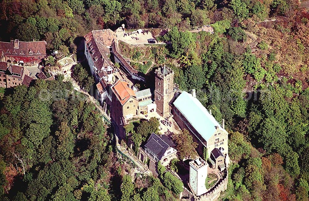 Eisenach/ Thüringen from the bird's eye view: Die Wartburg-Stiftung Eisenach Wartburg-Stiftung Eisenach, Auf der Wartburg-Stiftung Eisenach 99817 Eisenach Telefon: 0 36 91/25 00 Fax: 0 36 91/20 33 42 Email: info@wartburg-eisenach.de