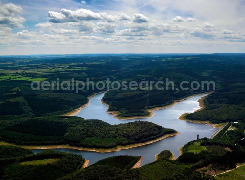 Aerial image Stolberg - The Wehebach valley lock in the Stolberg region of the state of North Rhine-Westphalia. The dam and barrage fixe is located between the communities of Hürtgenwald and Stolberg. It was built in 1983 for flood protetction and drinking water supply. The dam belongs to the water association of Wasserverband Eifel-Rur(WVER). The lake has three arms, watersports are forbidden on site