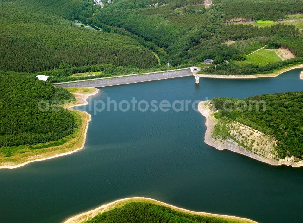 Stolberg from above - The Wehebach valley lock in the Stolberg region of the state of North Rhine-Westphalia. The dam and barrage fixe is located between the communities of Hürtgenwald and Stolberg. It was built in 1983 for flood protetction and drinking water supply. The dam belongs to the water association of Wasserverband Eifel-Rur(WVER). The lake has three arms, watersports are forbidden on site