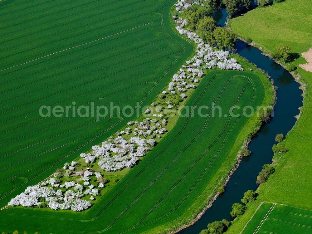 Creuzburg from above - The river Werra at the southern city border of Creuzburg in the state of Thuringia. The river runs around the town before it turns South. The valley is characterised by agricultural flats and fields