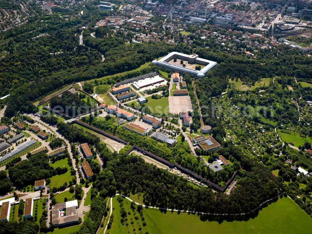 Aerial image Ulm - The Fortress Wilhelmsburg of the Fortress of Ulm in Ulm in the state of Baden-Württemberg. It is the central building of the Fortress and lies in a forest in the East of Ulm. The Fortress is one of five federal fortresses and Europe`s largest fortress. It was built in the 19th century around the cities of Ulm and Neu-Ulm and consists of several forts, towers, fortresses and defense facilities