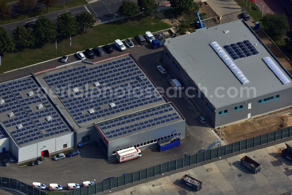 Berlin Mahlsdorf from above - Service sector for passenger cars and commercial vehicles a project GVG Projektentwicklungsgesellschaft mbh under supervision of the architects Velde; following companies will start their operation Tegen - Der lackdoktor , Ihr Autoglaser, Würth und Helm