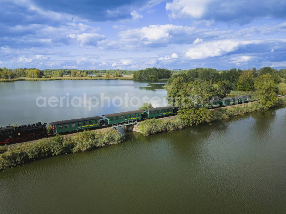 Moritzburg from above - Dippelsdorfer Teich with railway embankment of the narrow-gauge railway in Moritzburg in the federal state of Saxony, Germany