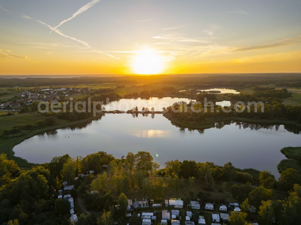 Moritzburg from above - Dippelsdorfer Teich with railway embankment of the narrow-gauge railway in Moritzburg in the federal state of Saxony, Germany