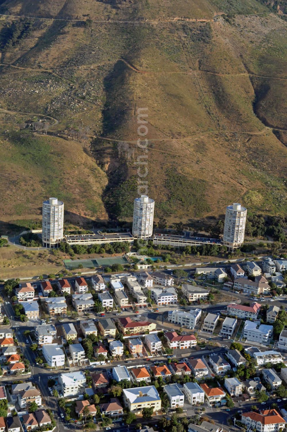 Aerial image Kapstadt - Blick auf die Disa Park Towers am Fuß des Tafelbergs. Die Hochhäuser wurden in den 1960er Jahren errichtet und sind auch als die Pfefferstreuer bekannt. View of the Disa Park Towers at the foot of Table Mountain.