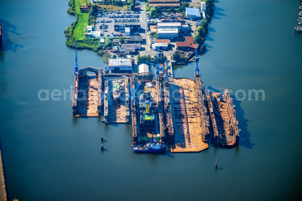 Bremerhaven from the bird's eye view: Dock of the shipyard Bremerhavener Dock GmbH on the banks of the old Weser in Bremerhaven in the state Bremen, Germany