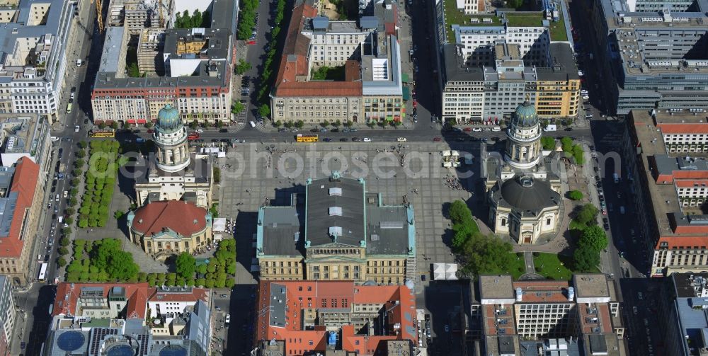 Aerial image Berlin Mitte - The Gendarmenmarkt is a square of the historic center of Berlin. The centerpiece is the concert hall, which is flanked on the north side of the French Cathedral and on the opposite side of the German Cathedral. The place was built from 1688 to plans by Johann Arnold Nering as a part of the Frederick City of Elector Frederick III