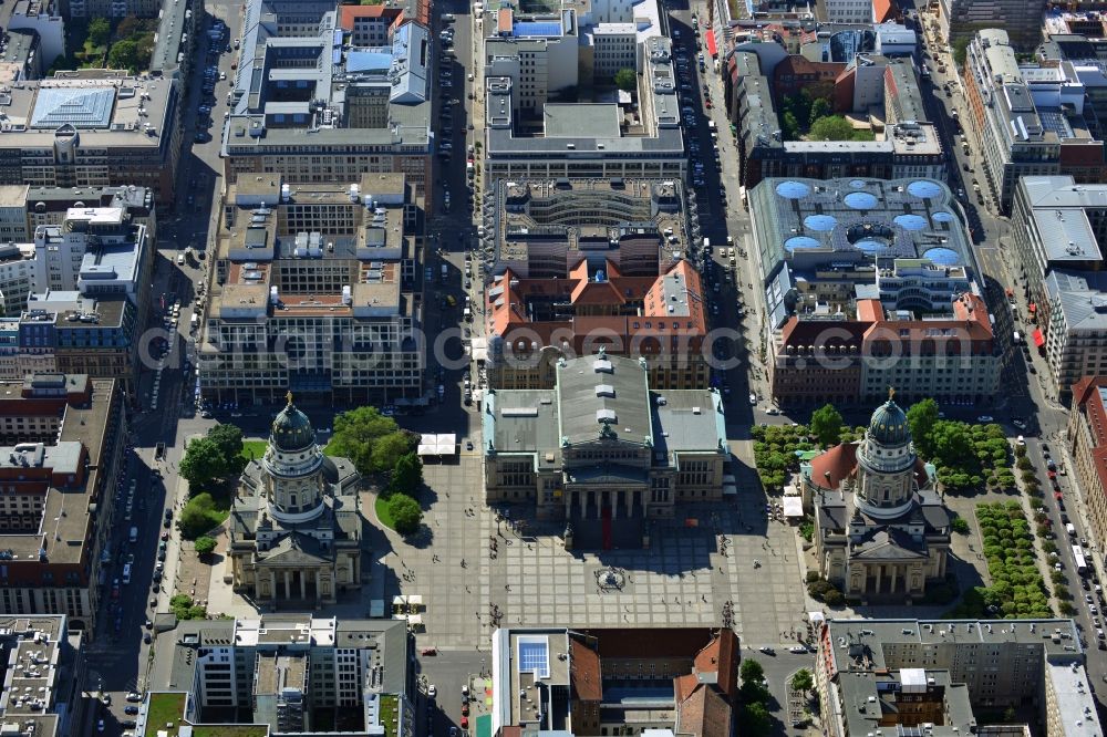 Aerial photograph Berlin Mitte - The Gendarmenmarkt is a square of the historic center of Berlin. The centerpiece is the concert hall, which is flanked on the north side of the French Cathedral and on the opposite side of the German Cathedral. The place was built from 1688 to plans by Johann Arnold Nering as a part of the Frederick City of Elector Frederick III