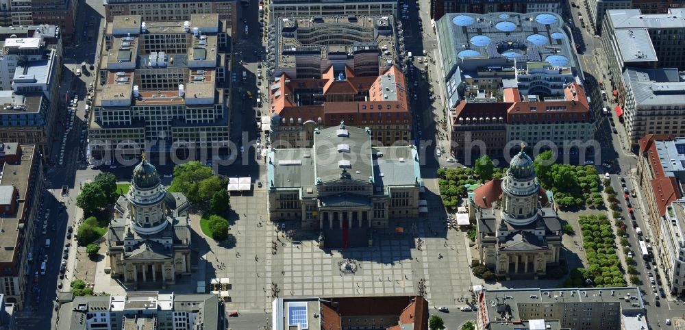 Berlin Mitte from above - The Gendarmenmarkt is a square of the historic center of Berlin. The centerpiece is the concert hall, which is flanked on the north side of the French Cathedral and on the opposite side of the German Cathedral. The place was built from 1688 to plans by Johann Arnold Nering as a part of the Frederick City of Elector Frederick III