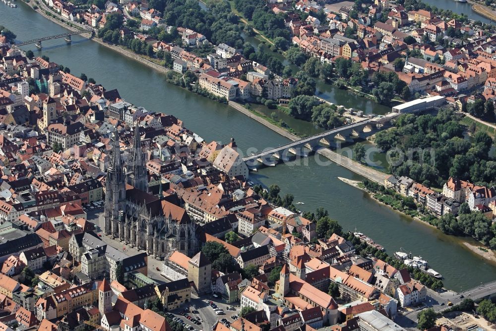 Aerial image Regensburg - Cathedral of St Peter and Stone Bridge in Old Town- center downtown Regensburg on the Danube in the state Bavaria. The church of the diocese Regensburg's most important cathedral. The medieval stone bridge is the other landmark of the city Regensburg. It connects the town with the district Stadtamhof