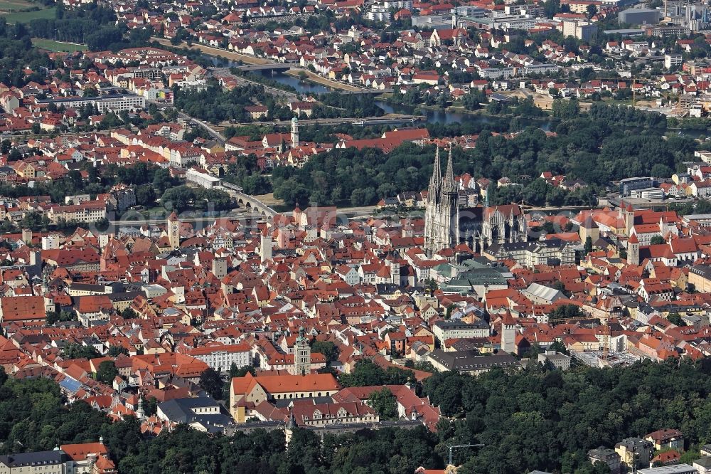 Regensburg from above - Cathedral of St Peter and Stone Bridge in Old Town- center downtown Regensburg on the Danube in the state Bavaria. The church of the diocese Regensburg's most important cathedral. The medieval stone bridge is the other landmark of the city Regensburg. It connects the town with the district Stadtamhof