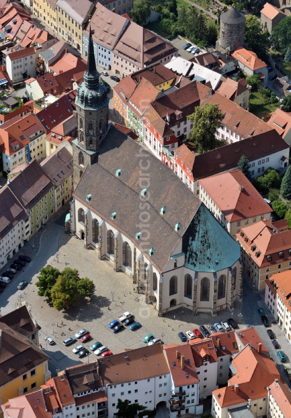 Bautzen from above - View of the Cathedral of Sankt Peter in Bautzen in the state Saxony