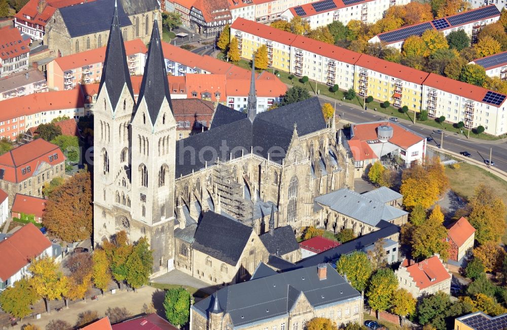 Halberstadt from above - View onto the Halberstadt Cathedral in the old city of Halberstadt in the state Saxony-Anhalt