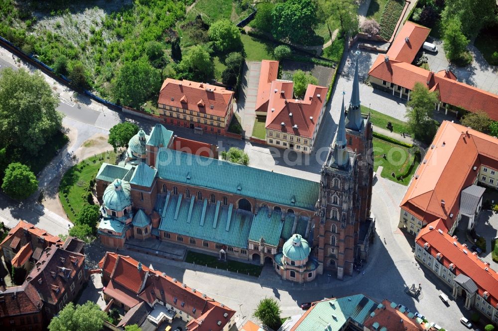 WROCLAW - BRESLAU from the bird's eye view: Cathedral Island e.g. with the Cathedral of St. John the Baptist, the Church of the Cross and the Pontifical Theological Faculty in Wroclaw in the Voivodship Lower Silesia in Poland