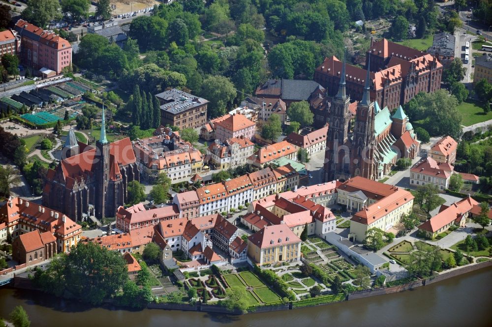 WROCLAW - BRESLAU from the bird's eye view: Cathedral Island e.g. with the Cathedral of St. John the Baptist, the Church of the Cross and the Pontifical Theological Faculty in Wroclaw in the Voivodship Lower Silesia in Poland