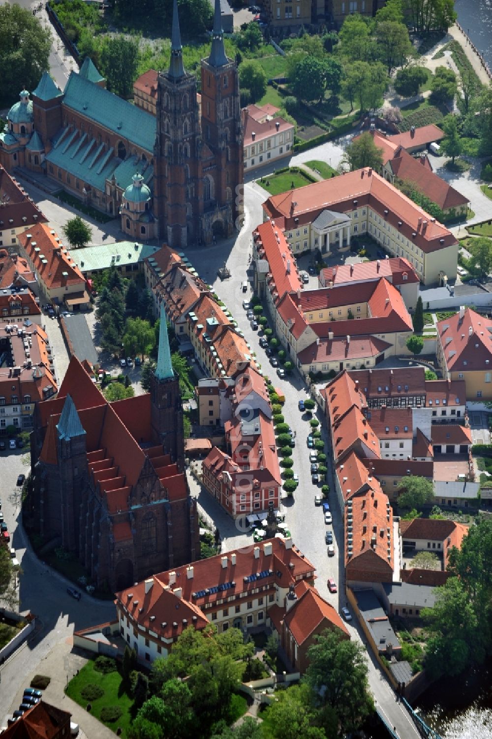 Aerial image WROCLAW - BRESLAU - Cathedral Island e.g. with the Cathedral of St. John the Baptist, the Church of the Cross and the Pontifical Theological Faculty in Wroclaw in the Voivodship Lower Silesia in Poland