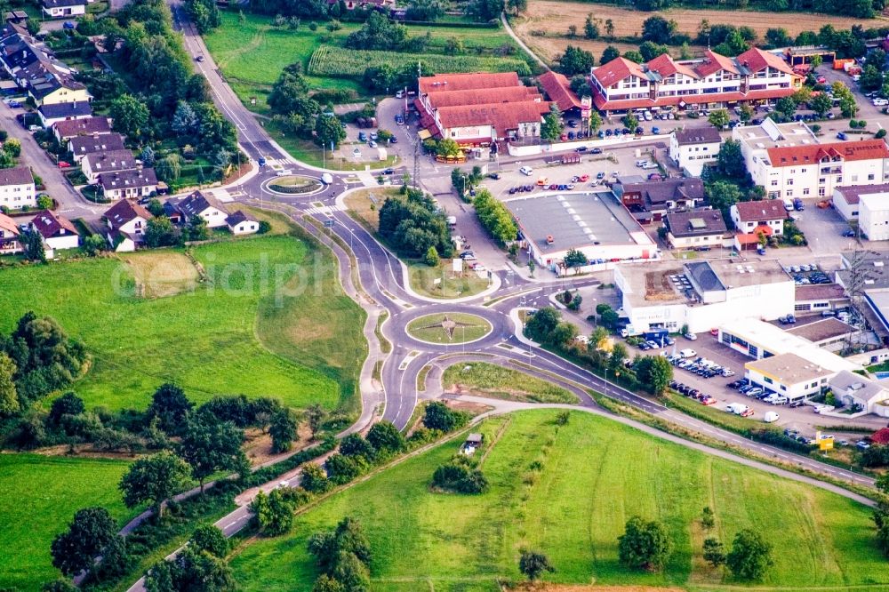 Karlsbad from above - Traffic management of the twin-roundabout road of Weinbrennerstasse in the district Langensteinbach in Karlsbad in the state Baden-Wuerttemberg, Germany