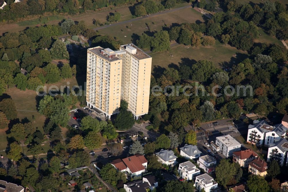 Aerial image Mainz - Double high-rise building at the Volkspark in the Oberstadt in Mainz Rhineland-Palatinate