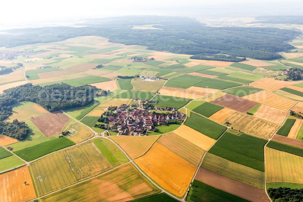 Aerial image Mönchsdeggingen - Village - view on the edge of agricultural fields and farmland in Moenchsdeggingen in the state Bavaria, Germany